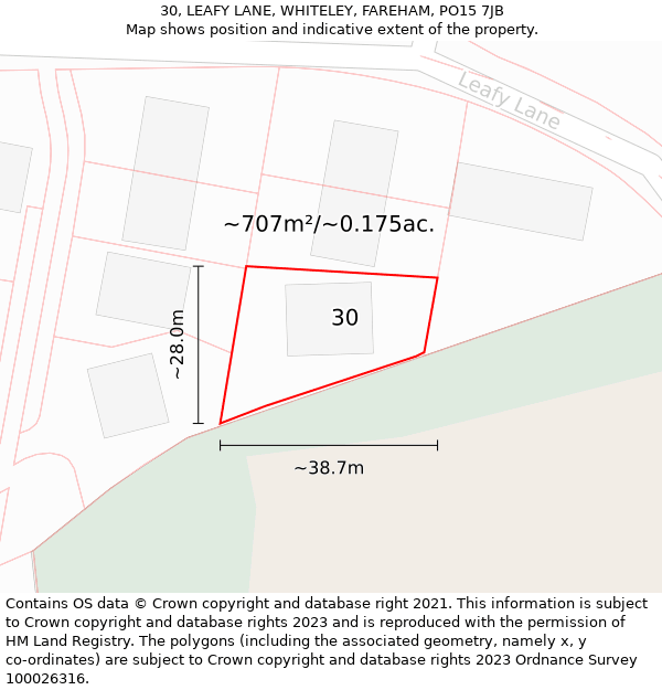 30, LEAFY LANE, WHITELEY, FAREHAM, PO15 7JB: Plot and title map