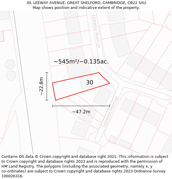 30, LEEWAY AVENUE, GREAT SHELFORD, CAMBRIDGE, CB22 5AU: Plot and title map