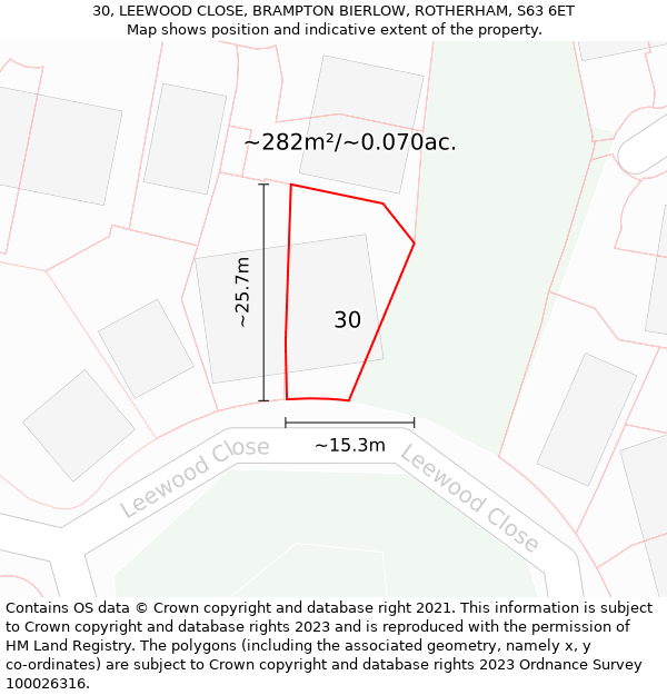 30, LEEWOOD CLOSE, BRAMPTON BIERLOW, ROTHERHAM, S63 6ET: Plot and title map