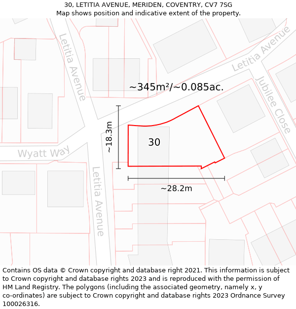 30, LETITIA AVENUE, MERIDEN, COVENTRY, CV7 7SG: Plot and title map