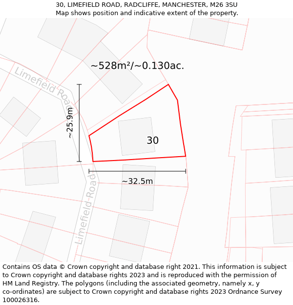 30, LIMEFIELD ROAD, RADCLIFFE, MANCHESTER, M26 3SU: Plot and title map