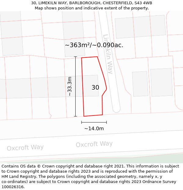 30, LIMEKILN WAY, BARLBOROUGH, CHESTERFIELD, S43 4WB: Plot and title map