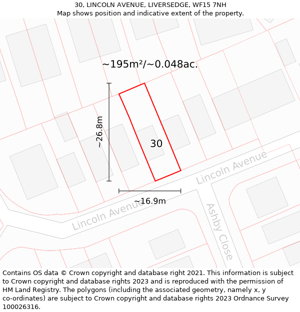 30, LINCOLN AVENUE, LIVERSEDGE, WF15 7NH: Plot and title map