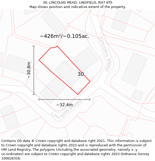 30, LINCOLNS MEAD, LINGFIELD, RH7 6TA: Plot and title map