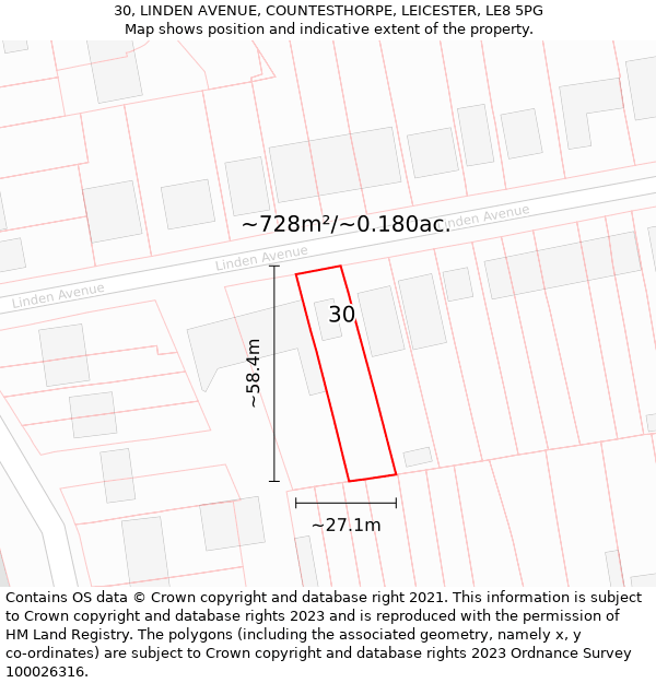 30, LINDEN AVENUE, COUNTESTHORPE, LEICESTER, LE8 5PG: Plot and title map