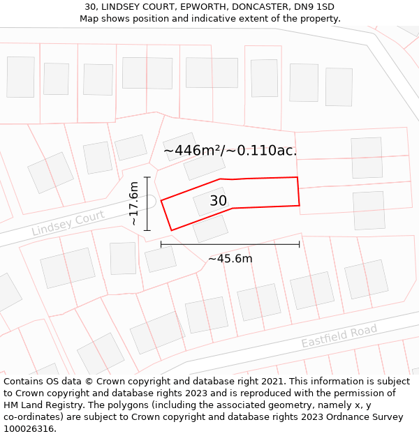 30, LINDSEY COURT, EPWORTH, DONCASTER, DN9 1SD: Plot and title map