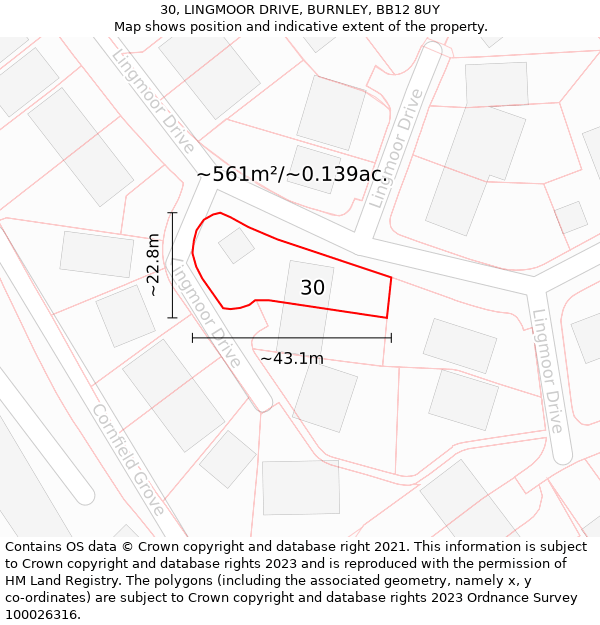 30, LINGMOOR DRIVE, BURNLEY, BB12 8UY: Plot and title map