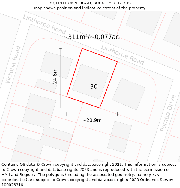 30, LINTHORPE ROAD, BUCKLEY, CH7 3HG: Plot and title map