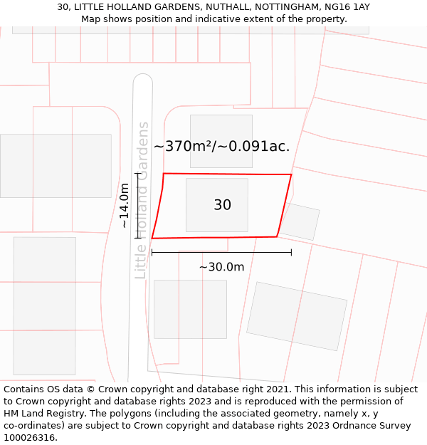 30, LITTLE HOLLAND GARDENS, NUTHALL, NOTTINGHAM, NG16 1AY: Plot and title map