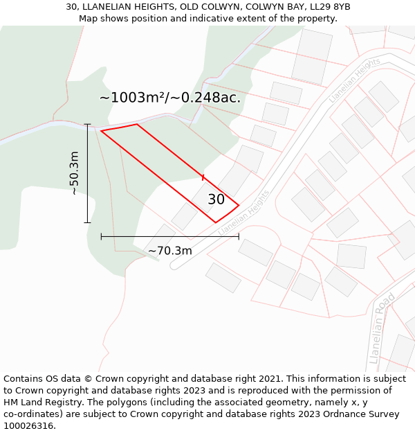 30, LLANELIAN HEIGHTS, OLD COLWYN, COLWYN BAY, LL29 8YB: Plot and title map