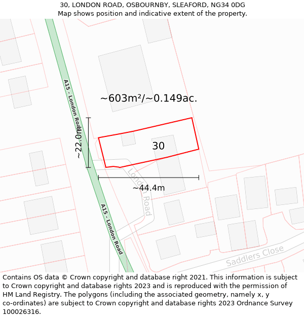 30, LONDON ROAD, OSBOURNBY, SLEAFORD, NG34 0DG: Plot and title map