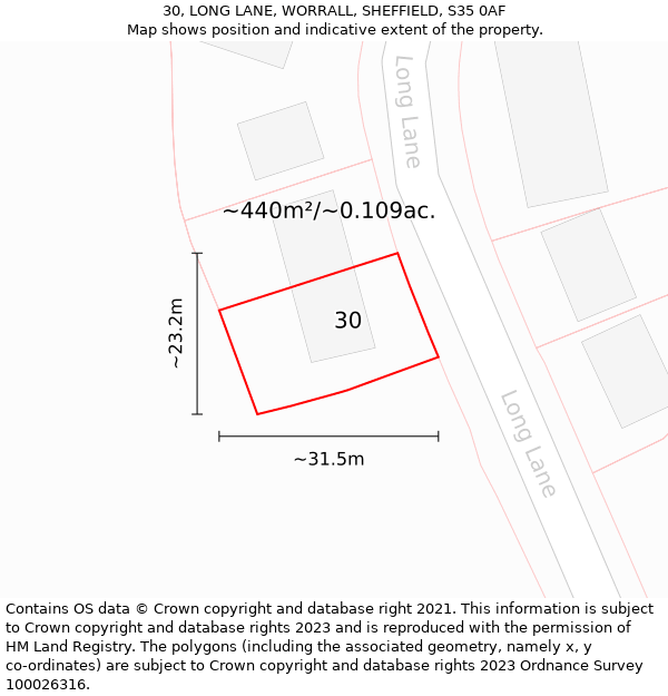 30, LONG LANE, WORRALL, SHEFFIELD, S35 0AF: Plot and title map