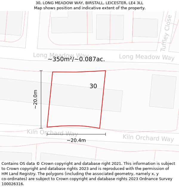 30, LONG MEADOW WAY, BIRSTALL, LEICESTER, LE4 3LL: Plot and title map