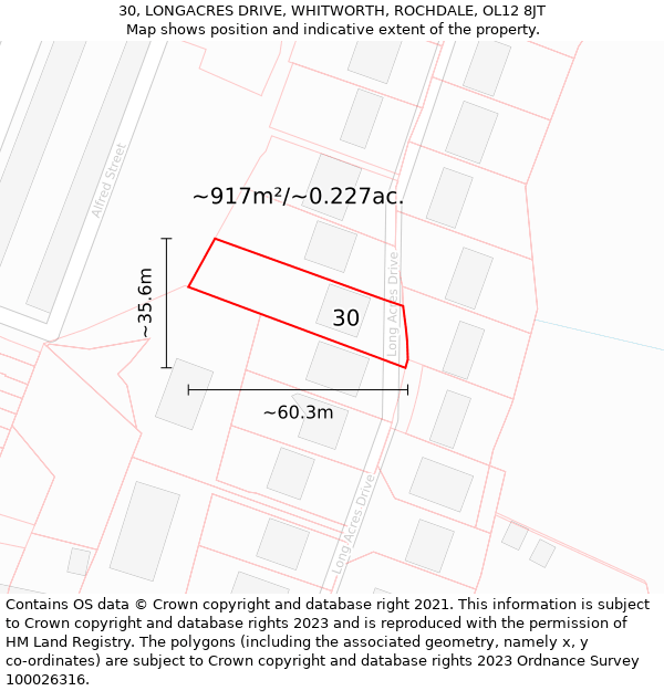 30, LONGACRES DRIVE, WHITWORTH, ROCHDALE, OL12 8JT: Plot and title map