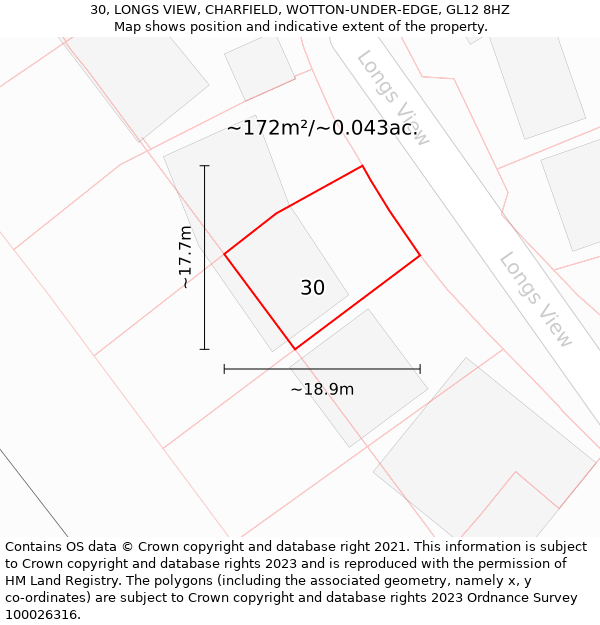 30, LONGS VIEW, CHARFIELD, WOTTON-UNDER-EDGE, GL12 8HZ: Plot and title map