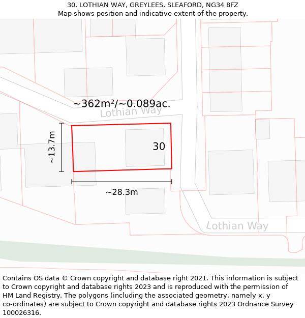 30, LOTHIAN WAY, GREYLEES, SLEAFORD, NG34 8FZ: Plot and title map