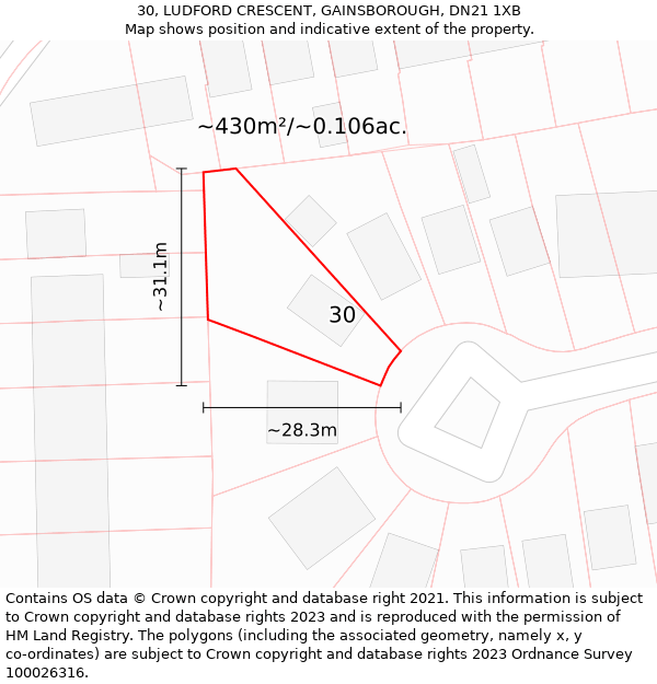 30, LUDFORD CRESCENT, GAINSBOROUGH, DN21 1XB: Plot and title map