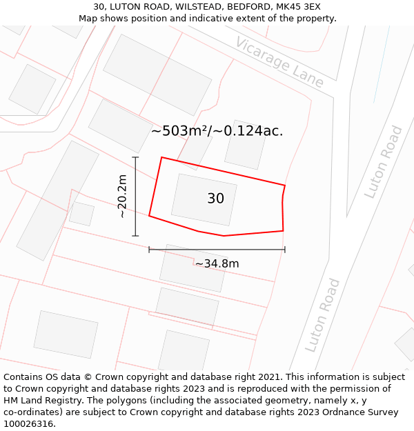 30, LUTON ROAD, WILSTEAD, BEDFORD, MK45 3EX: Plot and title map