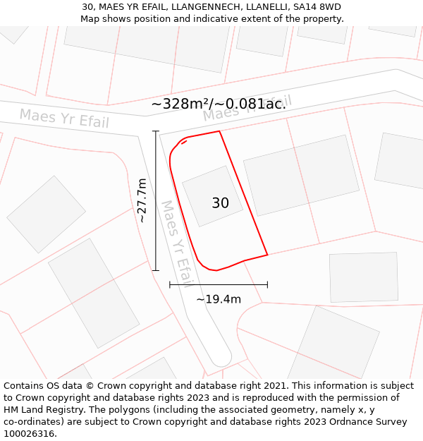 30, MAES YR EFAIL, LLANGENNECH, LLANELLI, SA14 8WD: Plot and title map