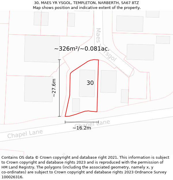 30, MAES YR YSGOL, TEMPLETON, NARBERTH, SA67 8TZ: Plot and title map