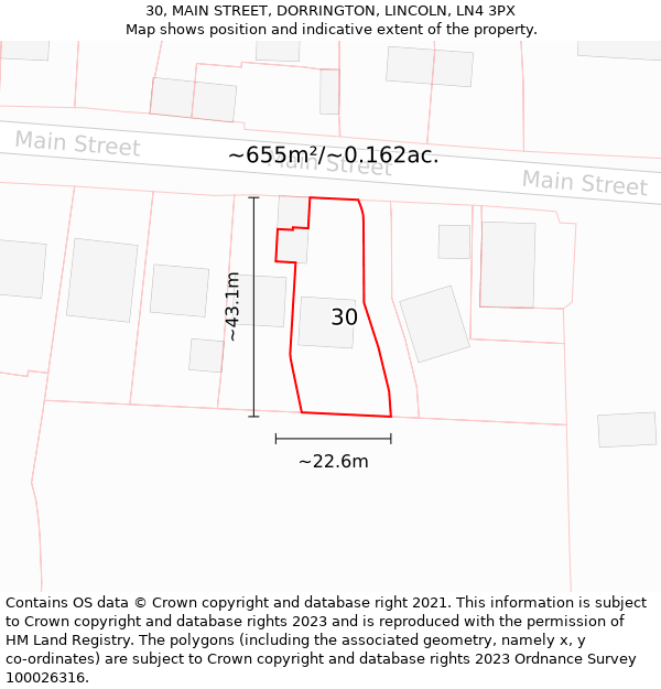 30, MAIN STREET, DORRINGTON, LINCOLN, LN4 3PX: Plot and title map