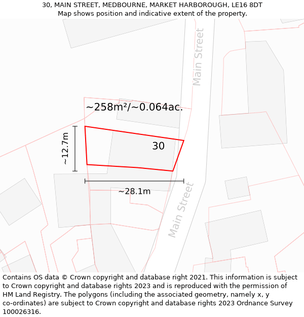 30, MAIN STREET, MEDBOURNE, MARKET HARBOROUGH, LE16 8DT: Plot and title map