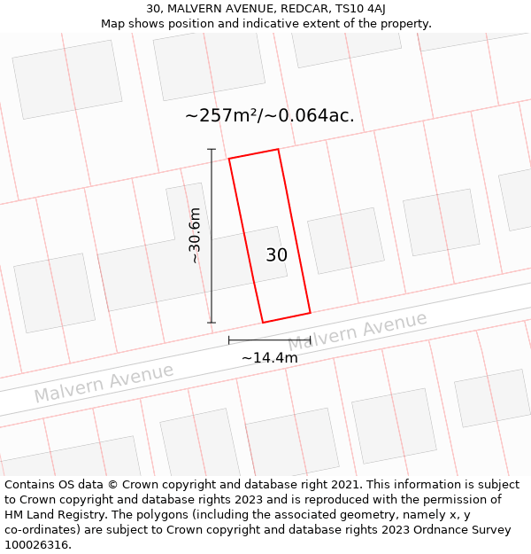 30, MALVERN AVENUE, REDCAR, TS10 4AJ: Plot and title map