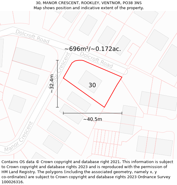 30, MANOR CRESCENT, ROOKLEY, VENTNOR, PO38 3NS: Plot and title map