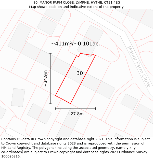 30, MANOR FARM CLOSE, LYMPNE, HYTHE, CT21 4EG: Plot and title map