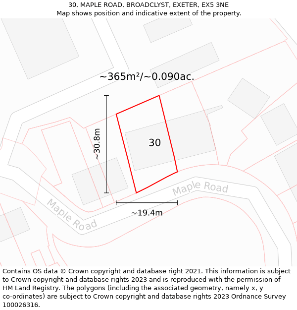 30, MAPLE ROAD, BROADCLYST, EXETER, EX5 3NE: Plot and title map