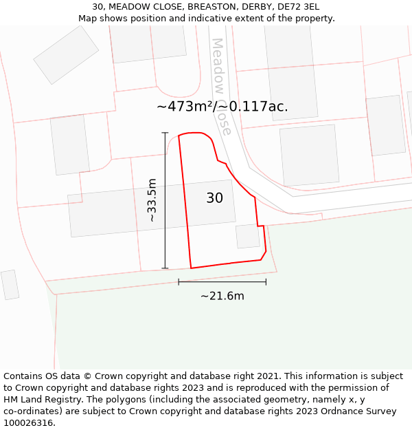 30, MEADOW CLOSE, BREASTON, DERBY, DE72 3EL: Plot and title map