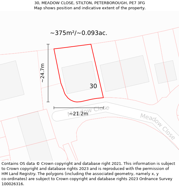 30, MEADOW CLOSE, STILTON, PETERBOROUGH, PE7 3FG: Plot and title map