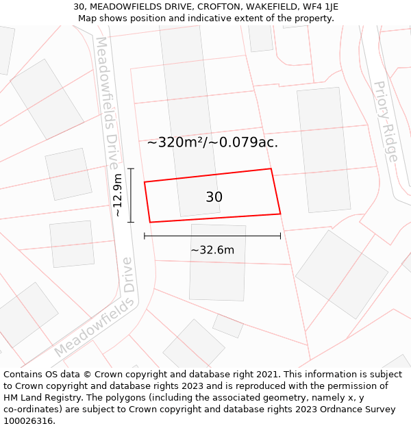 30, MEADOWFIELDS DRIVE, CROFTON, WAKEFIELD, WF4 1JE: Plot and title map