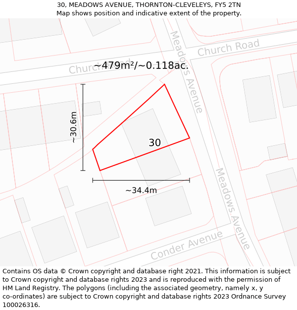 30, MEADOWS AVENUE, THORNTON-CLEVELEYS, FY5 2TN: Plot and title map