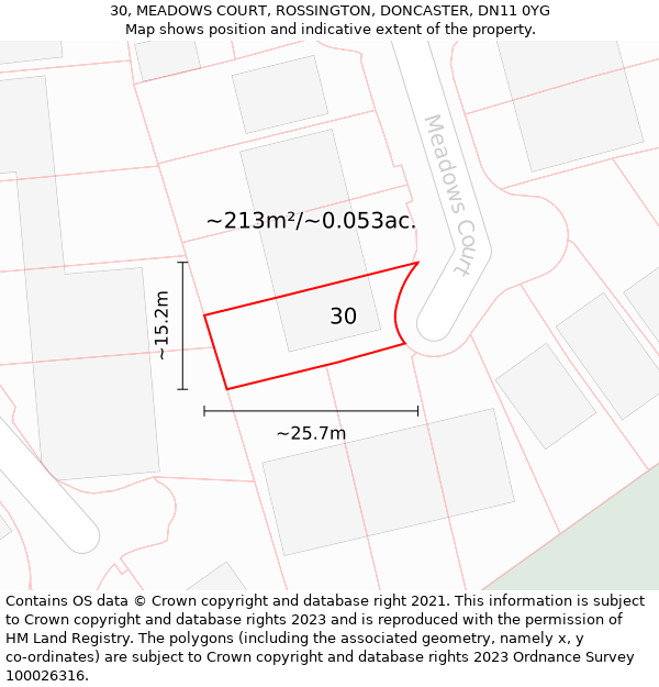 30, MEADOWS COURT, ROSSINGTON, DONCASTER, DN11 0YG: Plot and title map