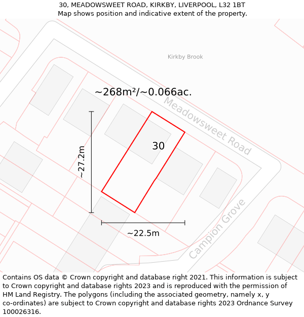 30, MEADOWSWEET ROAD, KIRKBY, LIVERPOOL, L32 1BT: Plot and title map