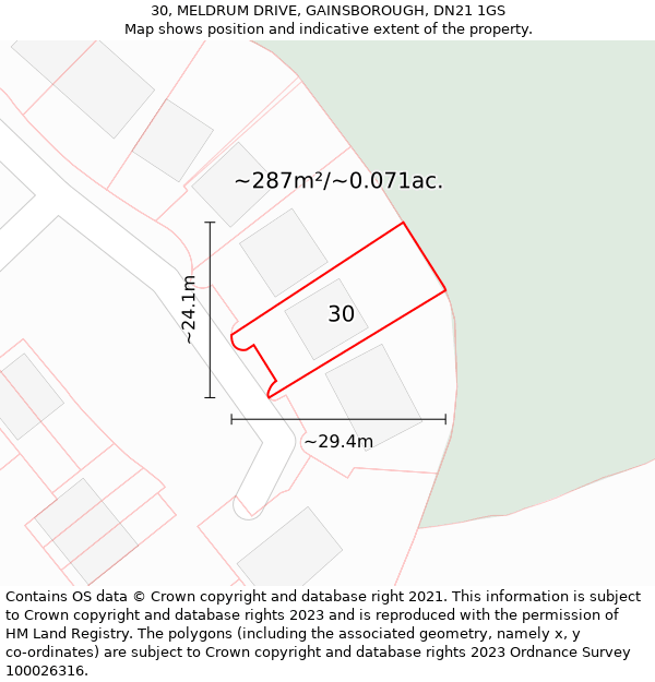 30, MELDRUM DRIVE, GAINSBOROUGH, DN21 1GS: Plot and title map