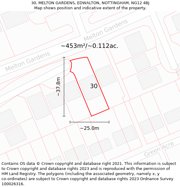 30, MELTON GARDENS, EDWALTON, NOTTINGHAM, NG12 4BJ: Plot and title map