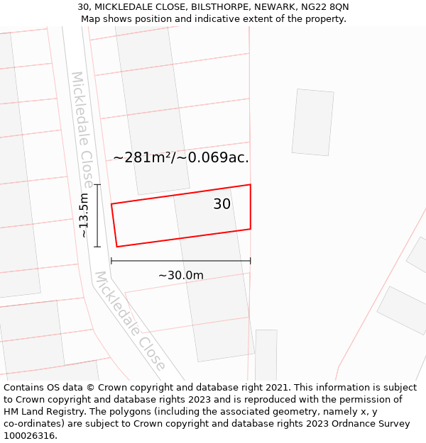 30, MICKLEDALE CLOSE, BILSTHORPE, NEWARK, NG22 8QN: Plot and title map