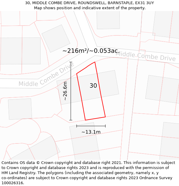 30, MIDDLE COMBE DRIVE, ROUNDSWELL, BARNSTAPLE, EX31 3UY: Plot and title map