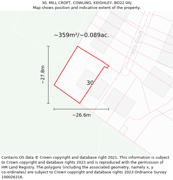 30, MILL CROFT, COWLING, KEIGHLEY, BD22 0AJ: Plot and title map