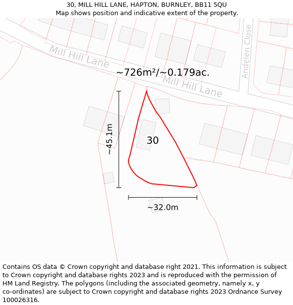 30, MILL HILL LANE, HAPTON, BURNLEY, BB11 5QU: Plot and title map