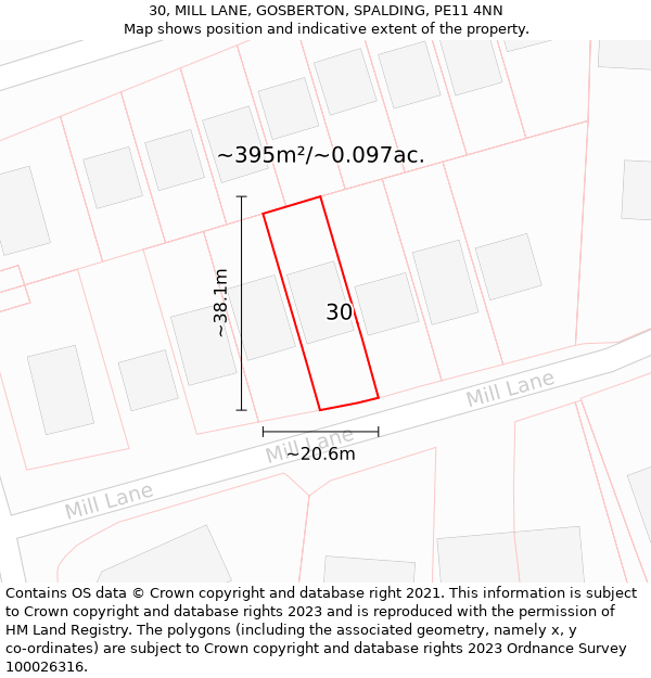 30, MILL LANE, GOSBERTON, SPALDING, PE11 4NN: Plot and title map