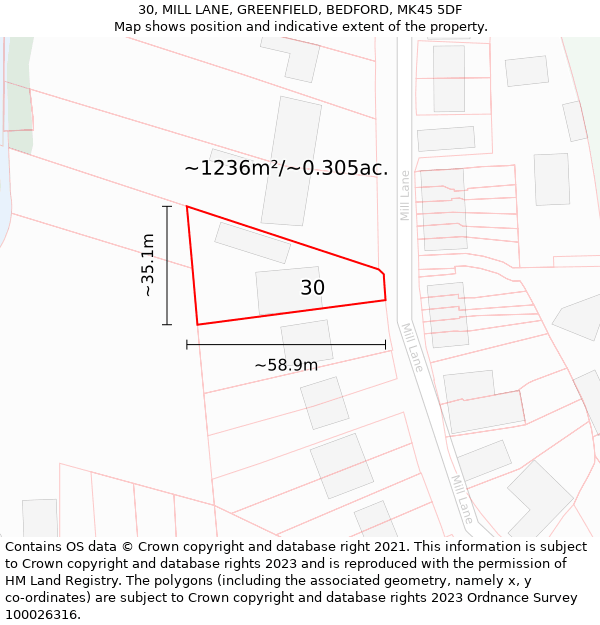 30, MILL LANE, GREENFIELD, BEDFORD, MK45 5DF: Plot and title map