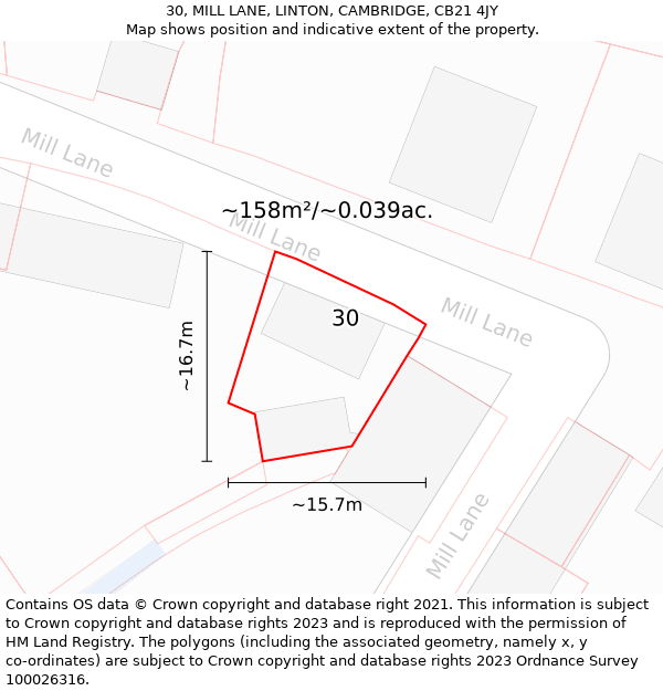 30, MILL LANE, LINTON, CAMBRIDGE, CB21 4JY: Plot and title map