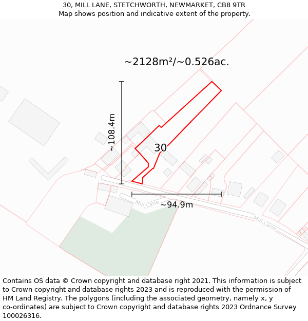 30, MILL LANE, STETCHWORTH, NEWMARKET, CB8 9TR: Plot and title map