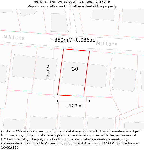 30, MILL LANE, WHAPLODE, SPALDING, PE12 6TP: Plot and title map