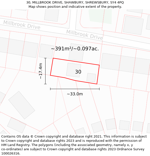 30, MILLBROOK DRIVE, SHAWBURY, SHREWSBURY, SY4 4PQ: Plot and title map