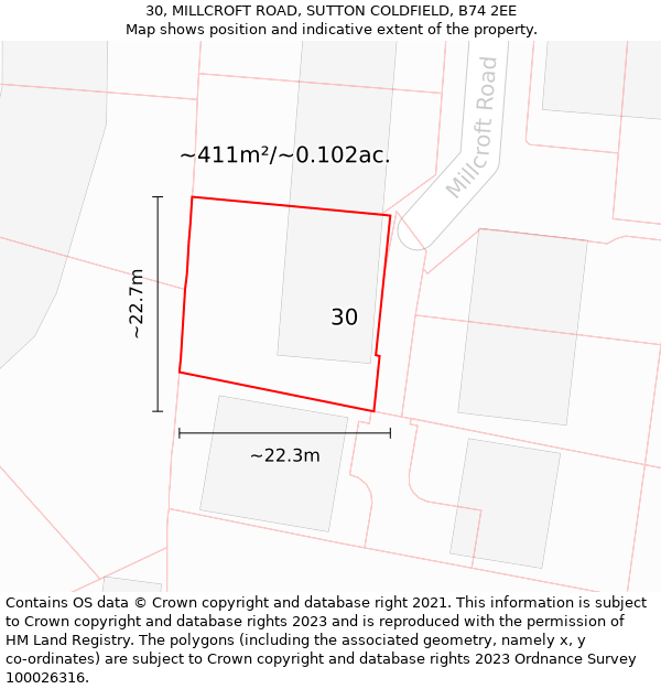 30, MILLCROFT ROAD, SUTTON COLDFIELD, B74 2EE: Plot and title map