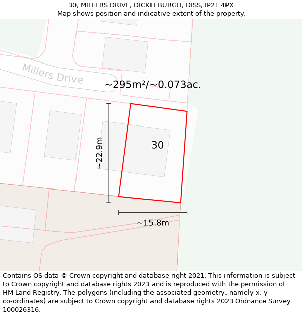30, MILLERS DRIVE, DICKLEBURGH, DISS, IP21 4PX: Plot and title map